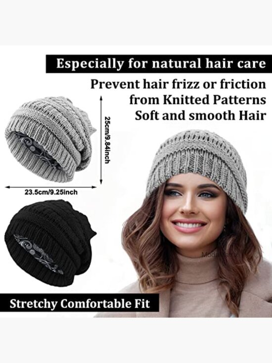 Satin Lined Beanie Hat and Gloves Set Knit Slouchy Winter Skull Cap Touchscreen main image 5